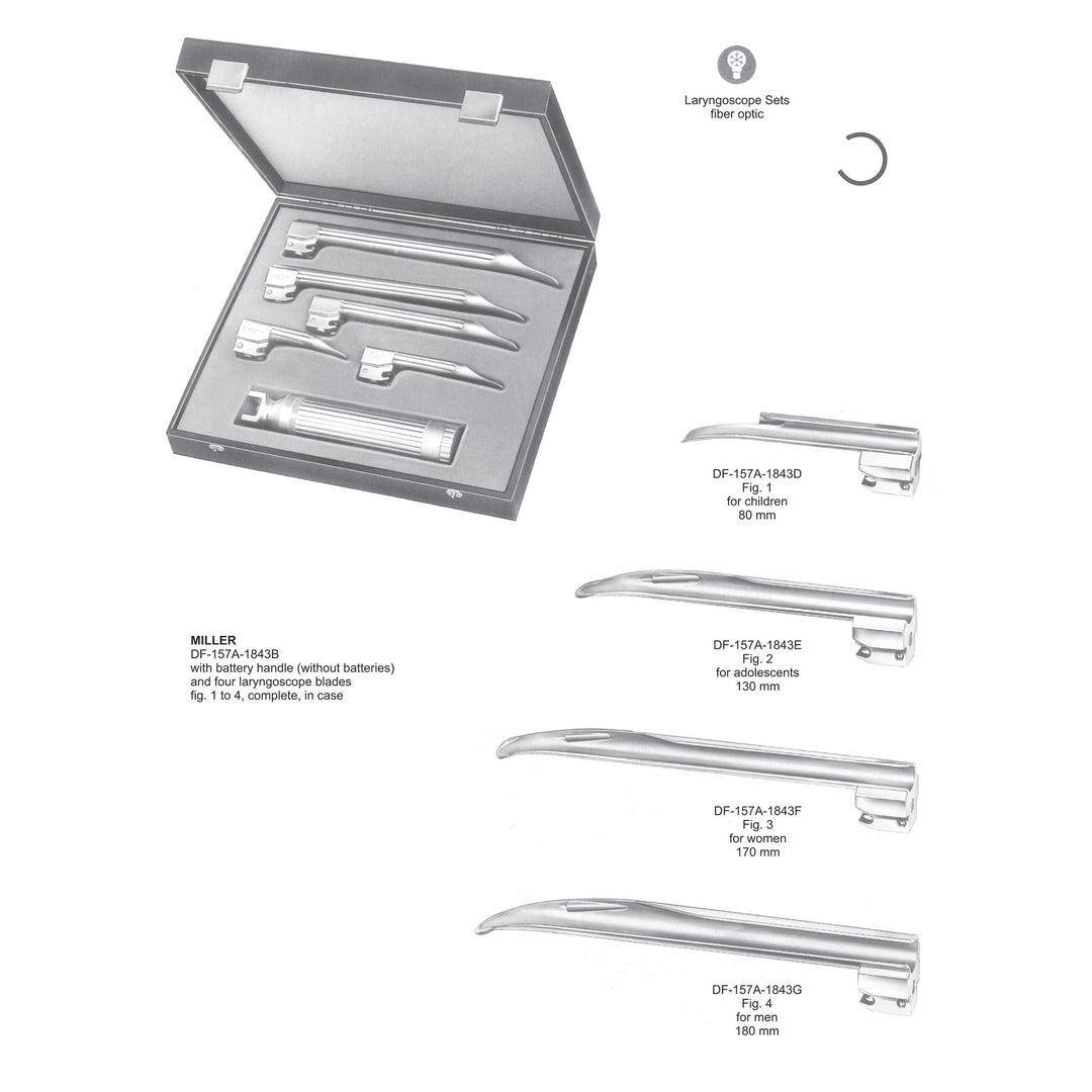Miller Fiberoptic Set Of 4 Blades With Battery Handle Fig 1 To 4 (DF-157A-1843B) by Dr. Frigz
