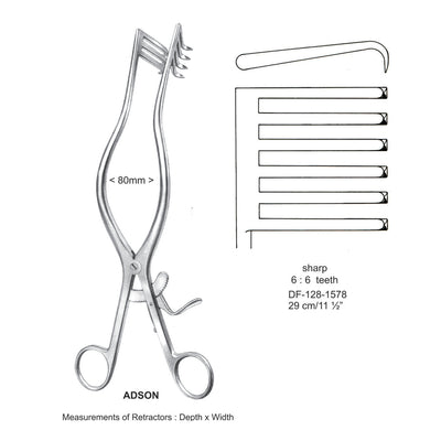 Adson Retractors, 29Cm, 6X6 Teeth,Sharp, 80mm Width (DF-128-1578)