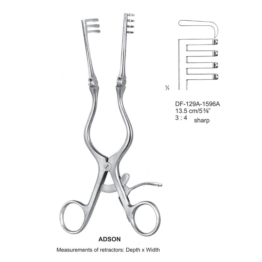 Adson Retractors, 13.5Cm, Sharp, 3X4 Teeth (DF-129A-1596A) by Dr. Frigz