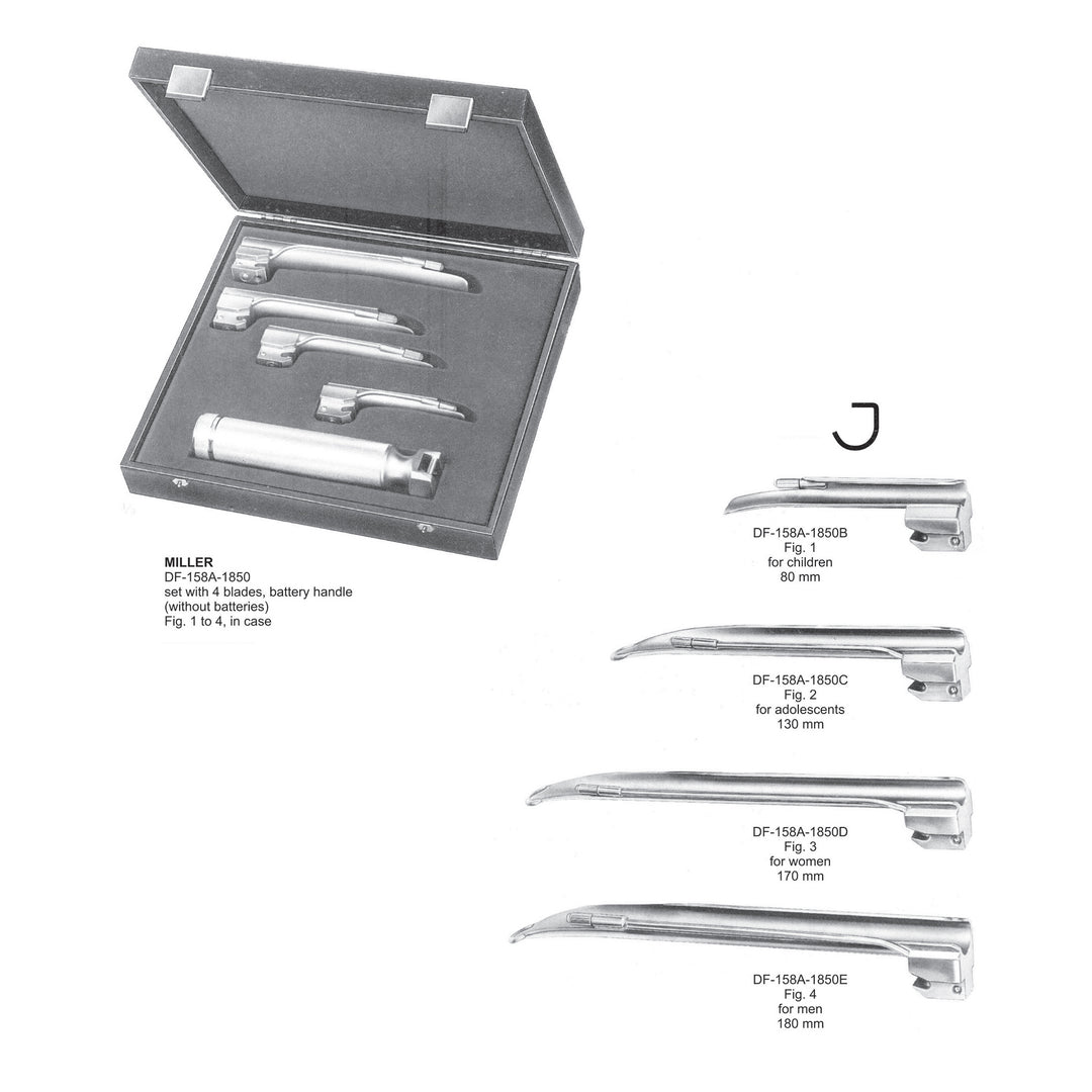 Laryngoscopes Miller Set Of 4 Blades  With Battery Handle Fig 1 To 4 (DF-158A-1850) by Dr. Frigz