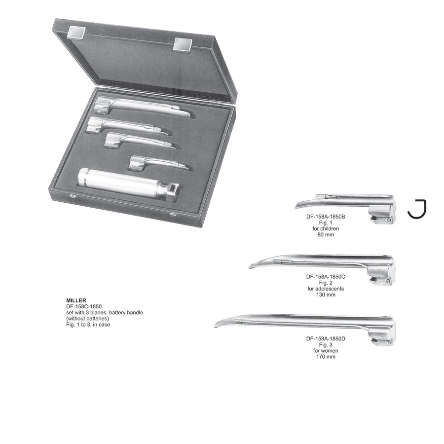 Laryngoscopes Miller Set Of 3 Blades  With Battery Handle  Fig 1 To 3 (DF-158C-1850) by Dr. Frigz