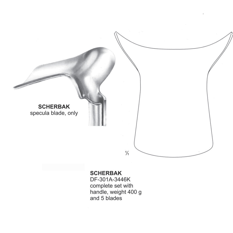 Scherbak Vaginal Specula Complete Set With Handle, 400G Weight, And 5 Blades  (DF-301A-3446K) by Dr. Frigz