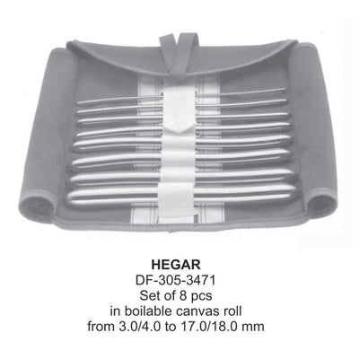 Hegar Uterine Dilator, Set Of 8 Pcs From Dia3/4-Dia17/18mm In Boilable Canvas Roll  (DF-305-3471) by Dr. Frigz