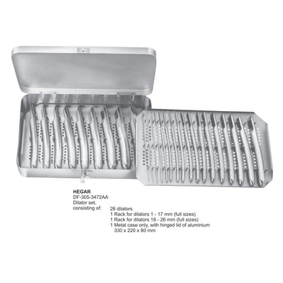 Hegar Dilator Set, 26 Dilators, Rack For Dilators 1-17mm , 18-26mm And Metal Case 330X220X80, With Hinged Lid Of Aluminium (DF-305-3472Aa) by Dr. Frigz