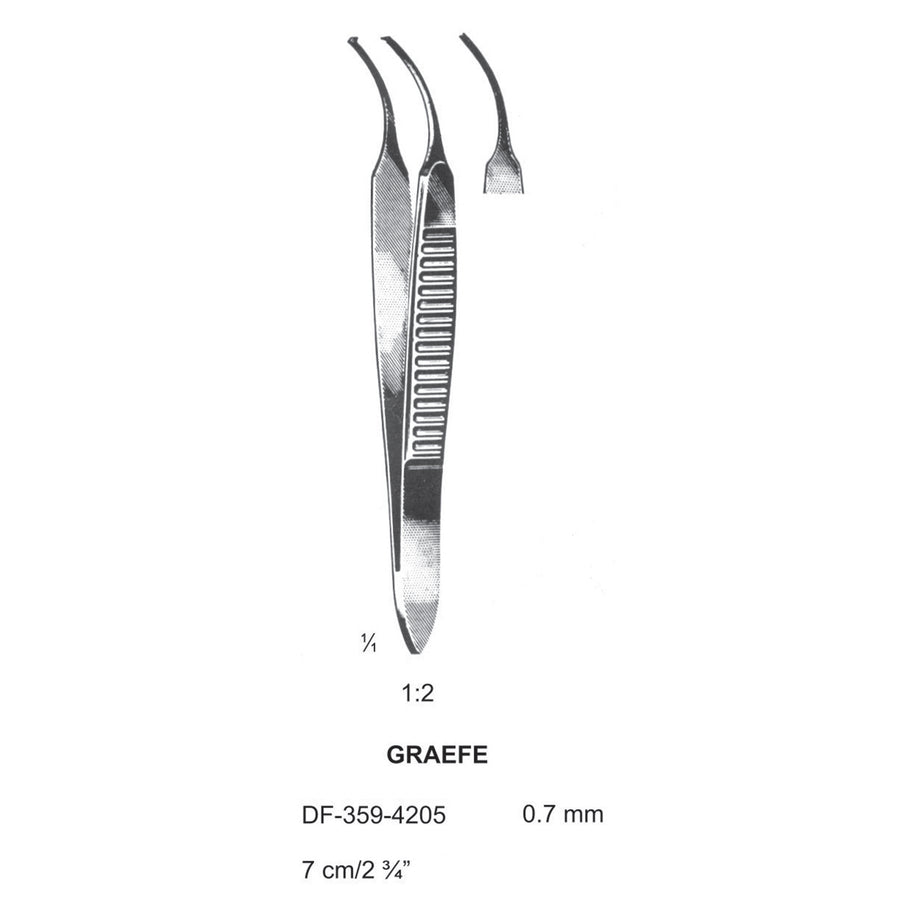 Graefe Iris Forceps, 7Cm, Curved, 1X2 Teeth, Dia 0.7mm  (DF-359-4205) by Dr. Frigz