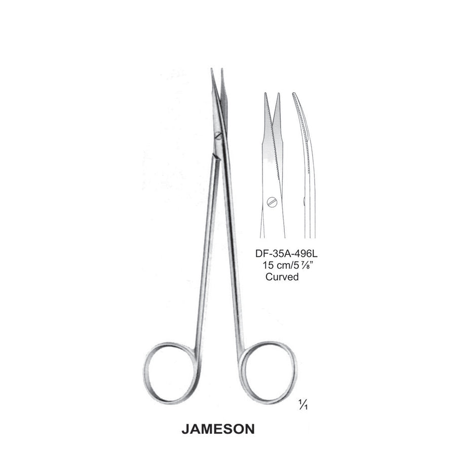 Jameson Fine Operating Scissors, Curved, One Toothed Blade, 15cm  (DF-35A-496L) by Dr. Frigz