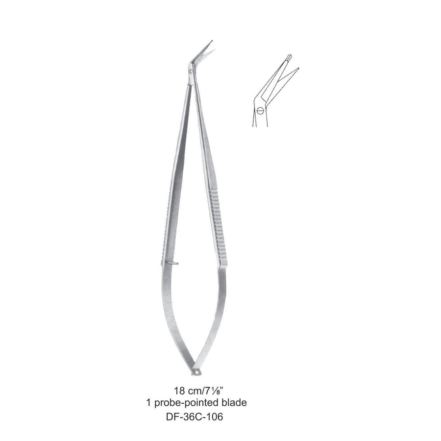 Micro Scissors, One Probe-Pointed Blade, 45 Degrees, 18cm  (DF-36C-106) by Dr. Frigz
