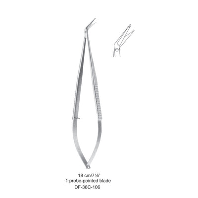 Micro Scissors, One Probe-Pointed Blade, 45 Degrees, 18cm  (DF-36C-106) by Dr. Frigz