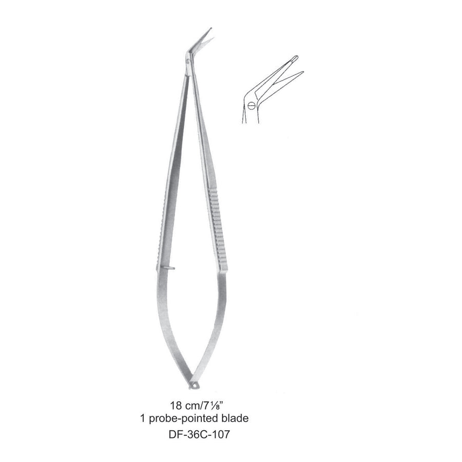 Micro Scissors, One Probe-Pointed Blade, 60 Degrees, 18cm  (DF-36C-107) by Dr. Frigz