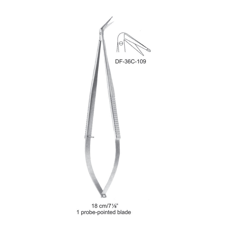 Micro Scissors, One Probe-Pointed Blade, 125 Degrees, 18cm  (DF-36C-109) by Dr. Frigz