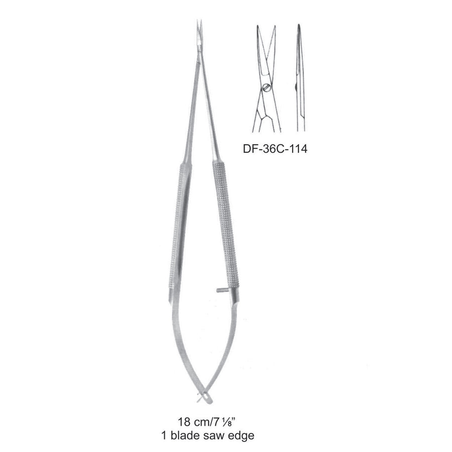 Micro Scissors, One Blade Saw Edge, Straight, 18cm  (DF-36C-114) by Dr. Frigz