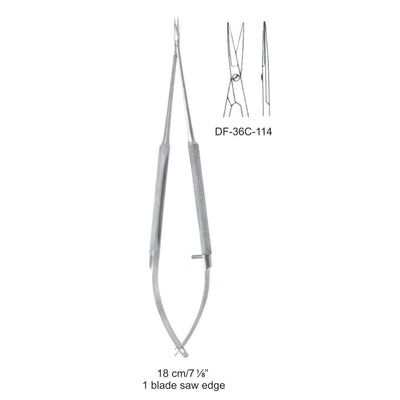 Micro Scissors, One Blade Saw Edge, Straight, 18cm  (DF-36C-114) by Dr. Frigz