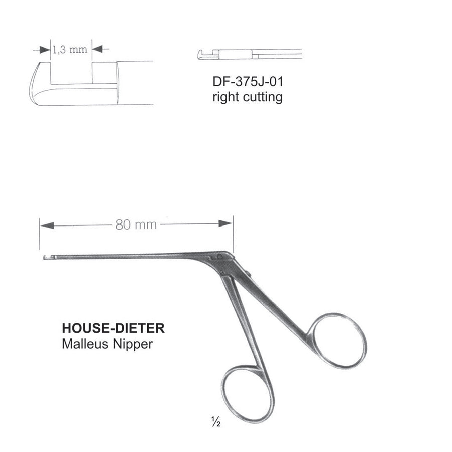 House Dieter Ear Polypus Forceps,Malleus Nipper, Right Cutting, 1.3mm , Shaft Length 80mm  (DF-375J-01) by Dr. Frigz