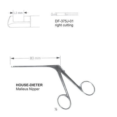 House Dieter Ear Polypus Forceps,Malleus Nipper, Right Cutting, 1.3mm , Shaft Length 80mm  (DF-375J-01)