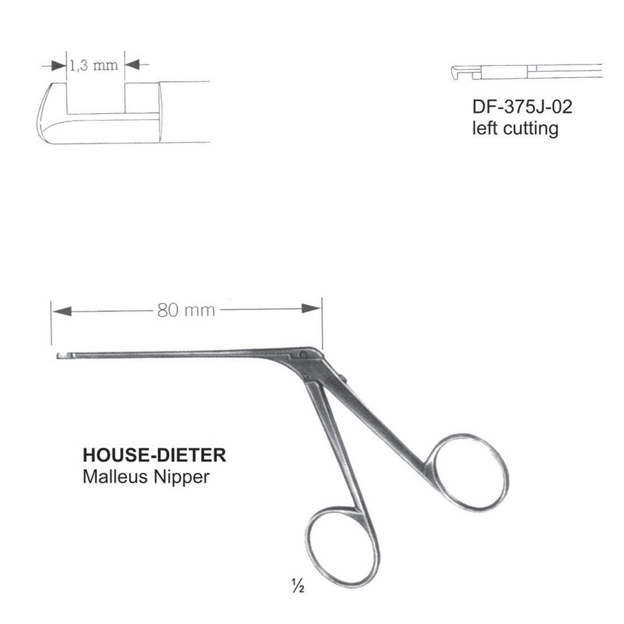 House Dieter Ear Polypus Forceps,Malleus Nipper, Left Cutting, 1.3mm , Shaft Length 80mm  (DF-375J-02) by Dr. Frigz