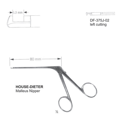 House Dieter Ear Polypus Forceps,Malleus Nipper, Left Cutting, 1.3mm , Shaft Length 80mm  (DF-375J-02)