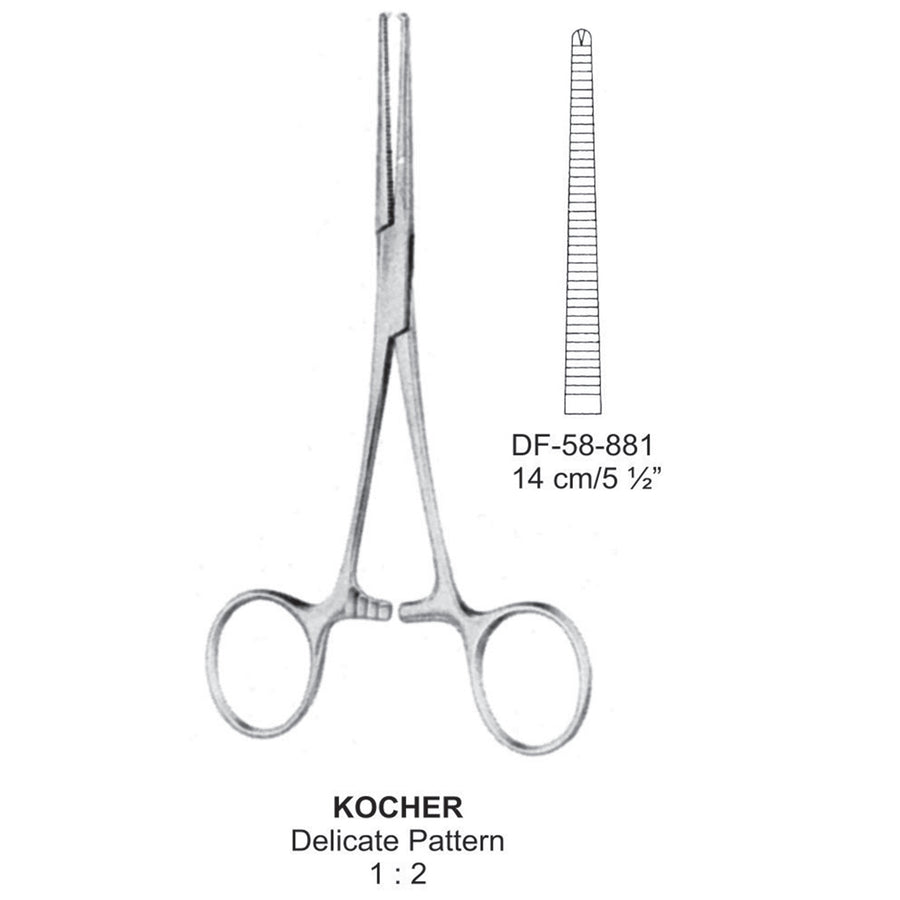 Kocher Artery Forceps, Delicate Pattern, Straight, 1X2 Teeth, 14cm (DF-58-881) by Dr. Frigz