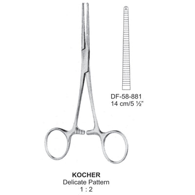 Kocher Artery Forceps, Delicate Pattern, Straight, 1X2 Teeth, 14cm (DF-58-881)