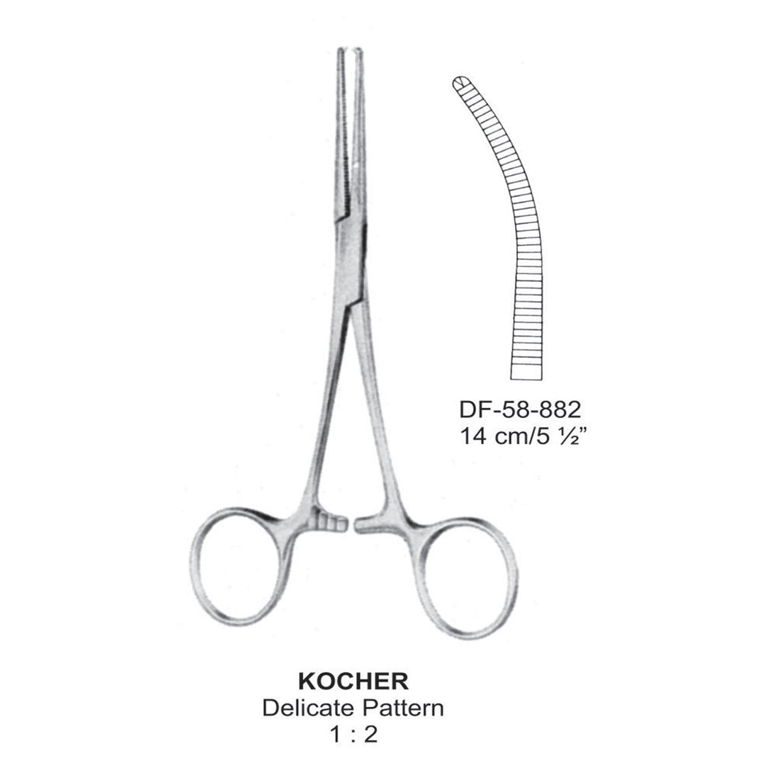 Kocher Artery Forceps, Delicate Pattern, Curved, 1X2 Teeth, 14cm (DF-58-882) by Dr. Frigz