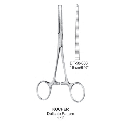 Kocher Artery Forceps, Delicate Pattern, Straight, 1X2 Teeth, 16cm (DF-58-883)