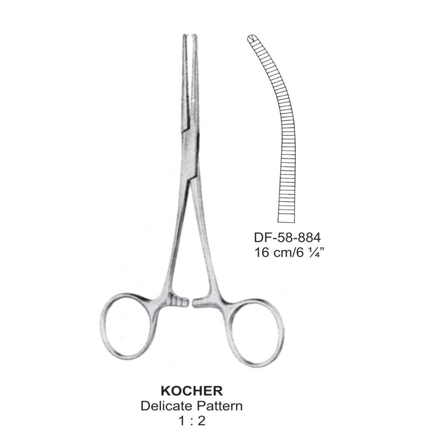 Kocher Artery Forceps, Delicate Pattern, Curved, 1X2 Teeth, 16cm (DF-58-884) by Dr. Frigz