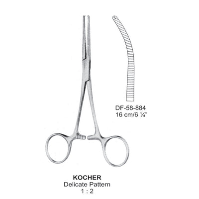 Kocher Artery Forceps, Delicate Pattern, Curved, 1X2 Teeth, 16cm (DF-58-884)