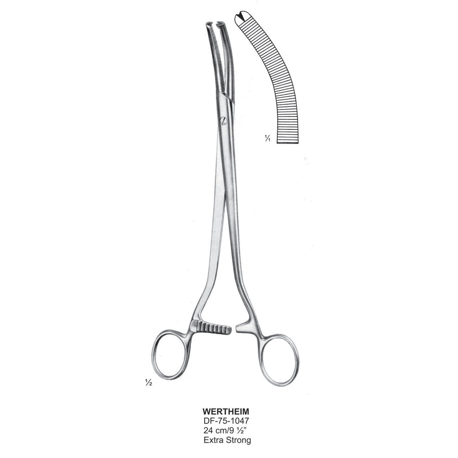 Wertheim Hysterctomy Forceps, Curved, Extra Strong, 1X2 Teeth, 24cm (DF-75-1047) by Dr. Frigz