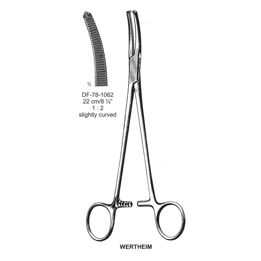 Wertheim Hysterectomy Forceps, Slightly Curved, 1X2 Teeth, 22cm (DF-78-1062) by Dr. Frigz