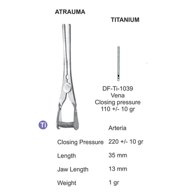 Titanium-Atraum Bulldog Clamps, Length 35mm , Straight, Jaw Length 13mm (DF-TI-1039)