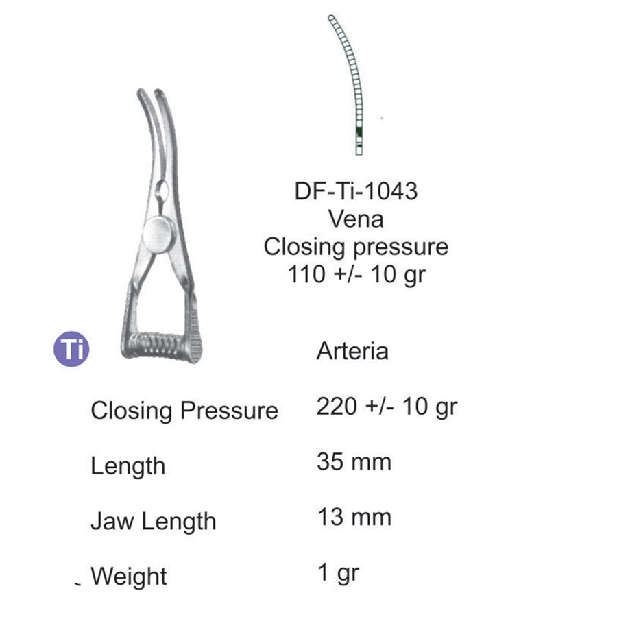  Titanium-Atraum Bulldog Clamps, Length 35mm , Curved, Jaw Length 13mm (DF-Ti-1043) by Dr. Frigz