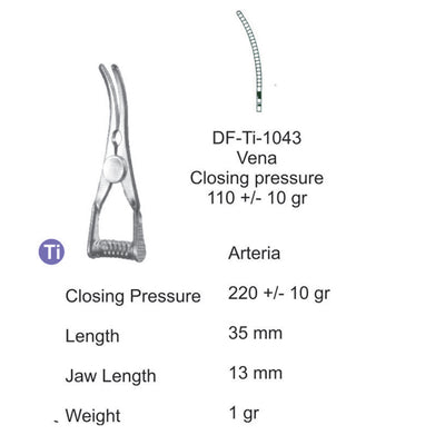 Titanium-Atraum Bulldog Clamps, Length 35mm , Curved, Jaw Length 13mm (DF-TI-1043)