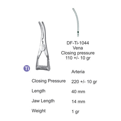 Titanium-Atraum Bulldog Clamps, Length 40mm , Curved, Jaw Length 14mm (DF-TI-1044)