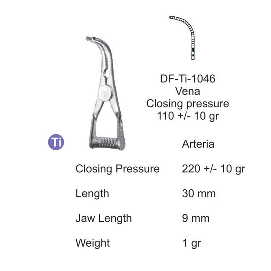  Titanium-Atraum Bulldog Clamps, Length 30mm , Angled, Jaw Length 9mm (DF-Ti-1046) by Dr. Frigz