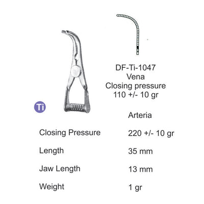 Titanium-Atraum Bulldog Clamps, Length 35mm , Angled, Jaw Length 13mm (DF-TI-1047)